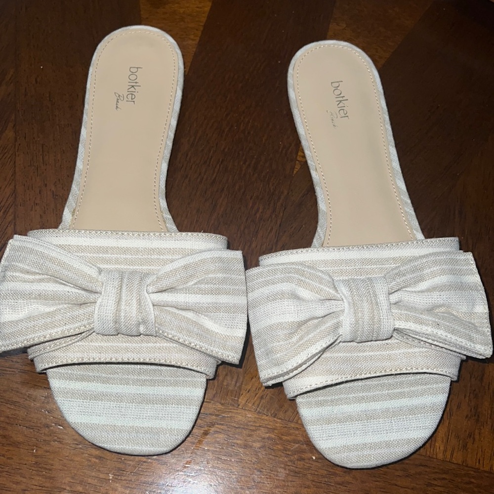 BOTKIER MARILYN STRIPED LINEN BOW SLIDE SANDALS BEACH